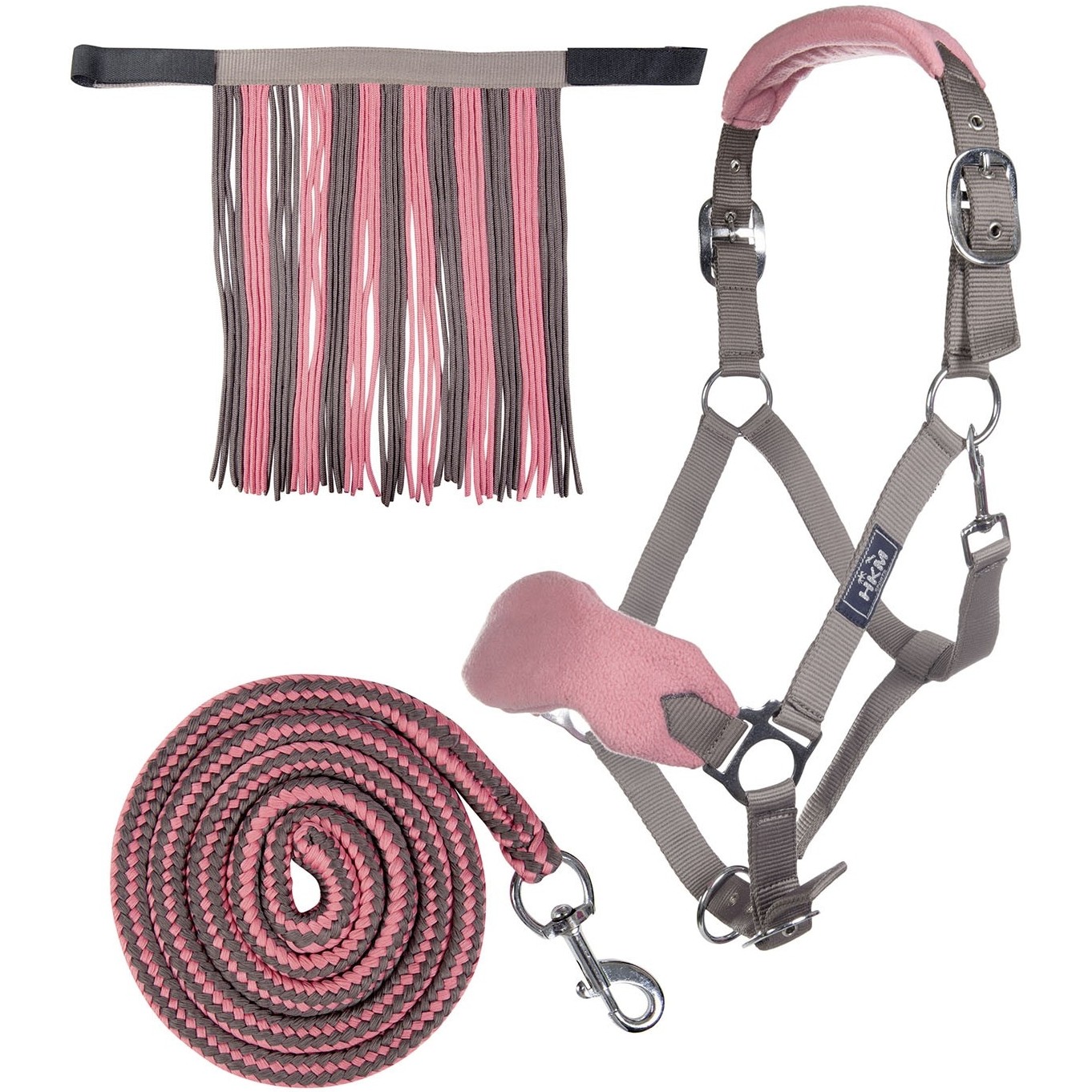 Halfter + Strick-Set mit Karabinerhaken & Fliegenfransen mokka/milky/pink