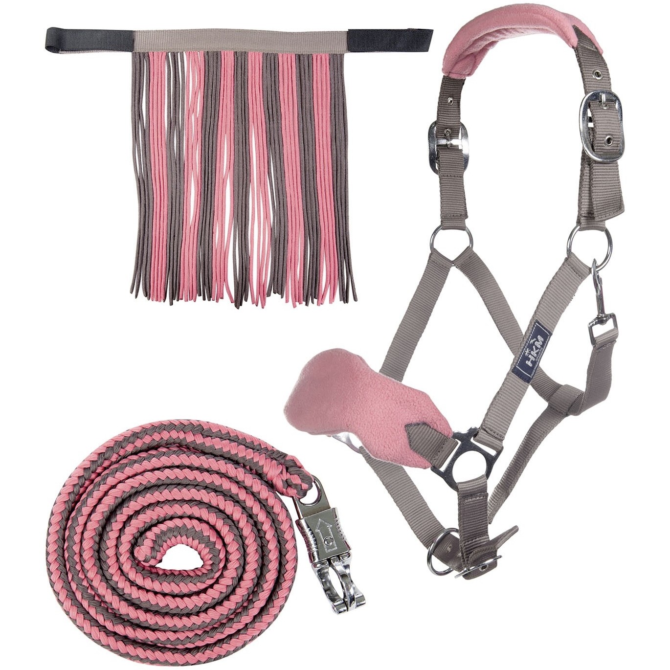 Halfter + Strick-Set mit Panikhaken & Fliegenfransen mokka/milky/pink